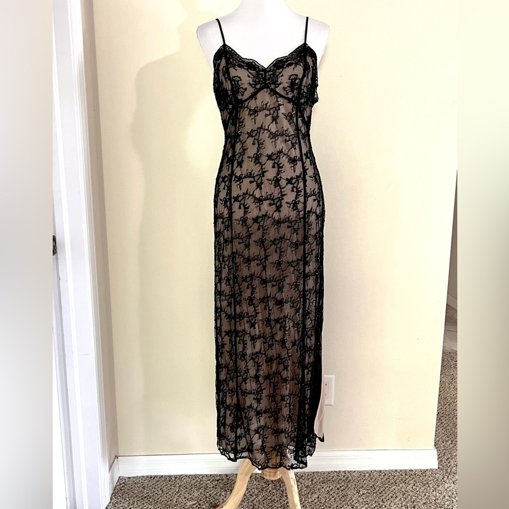 VTG 80’ Victoria's Secret Black Lace Maxi Babydoll slip Dress gothic Victorian M